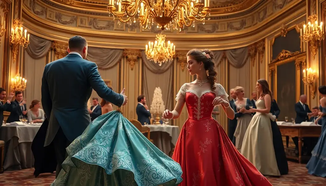 A lavish ballroom scene epitomizing classic romance and fashion elegance.