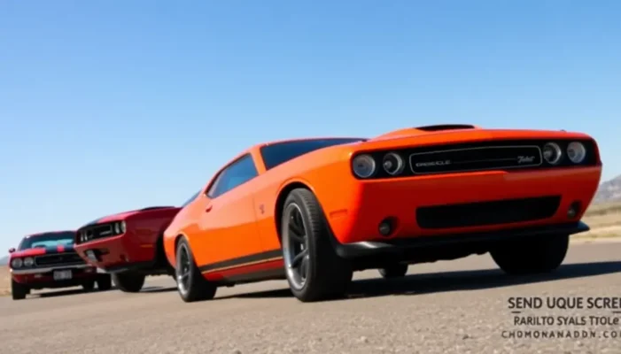 A collection of various iconic muscle cars on an open road under a blue sky.