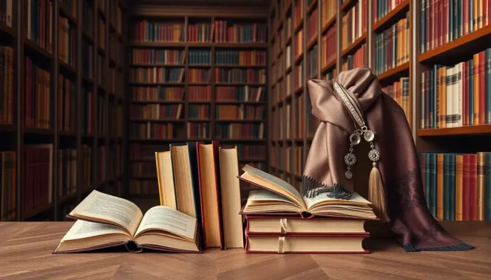 Rows of classic novels adorned with fashion accessories, capturing the blend of literature and style in an elegant library.