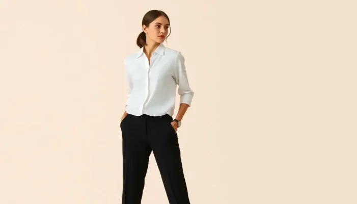 Model in minimalist fashion styled with a white blouse and black pants.