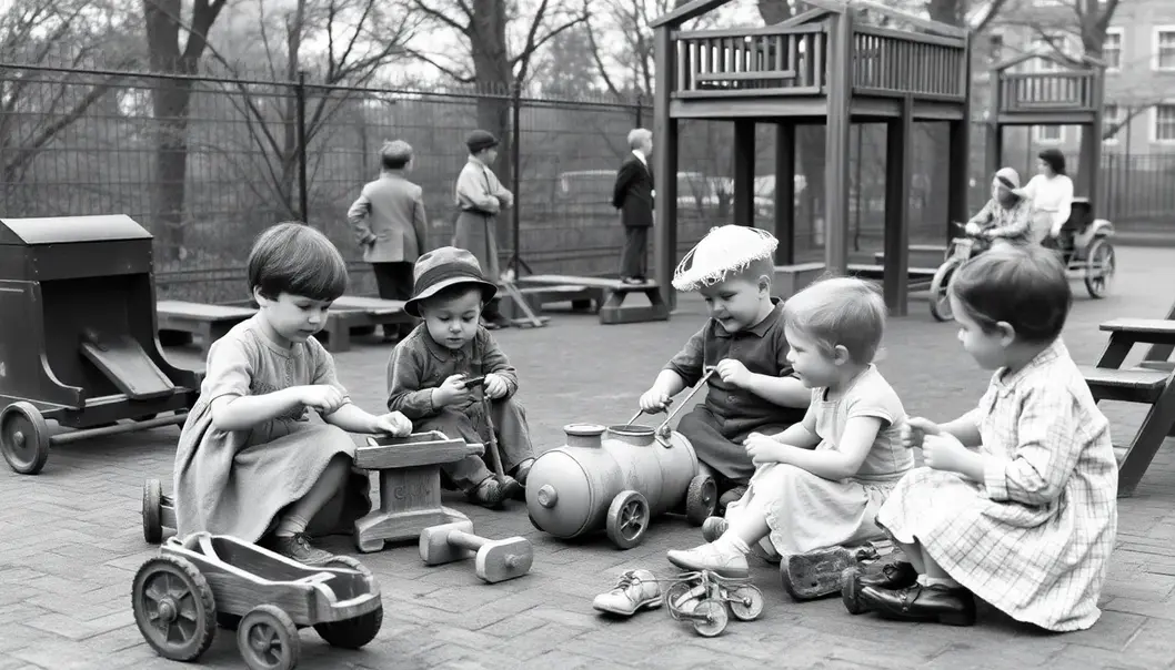 Children playing with antique toys that reflect early, less safe standards.