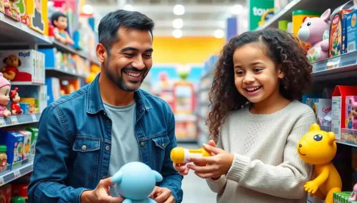 Parent and child in a toy store looking at safety-labeled toys.