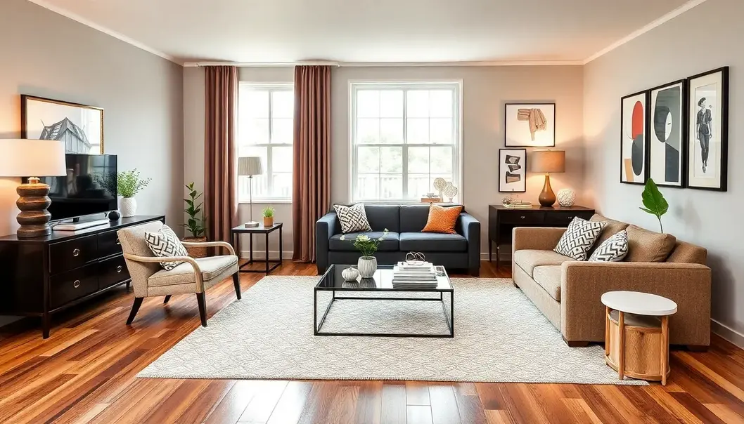 A stylish living room that artfully combines modern and vintage elements.